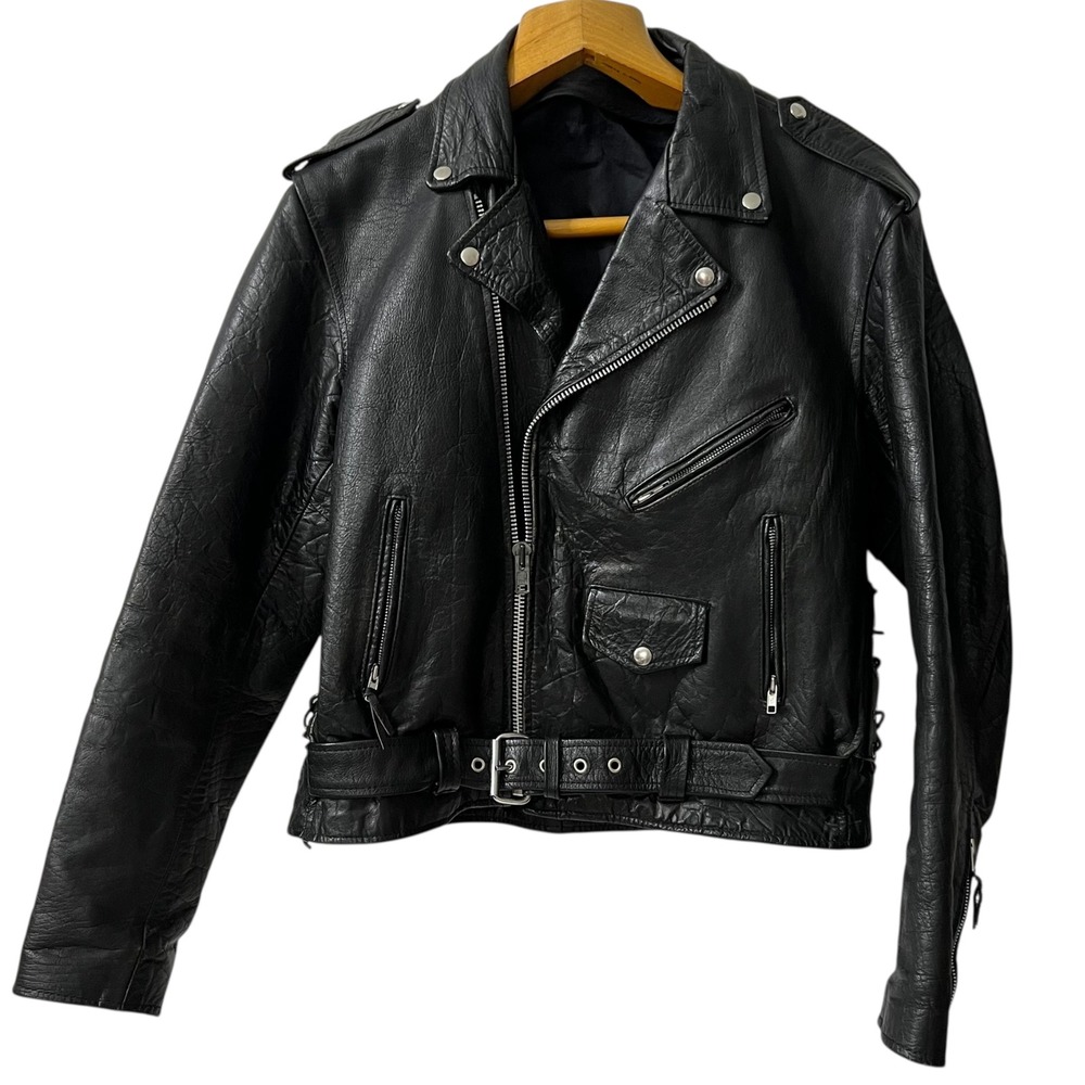 Mens Black Full Grain Leather Motorcycle Jacket Lace Up Sides Belt Size L - Picture 8 of 8